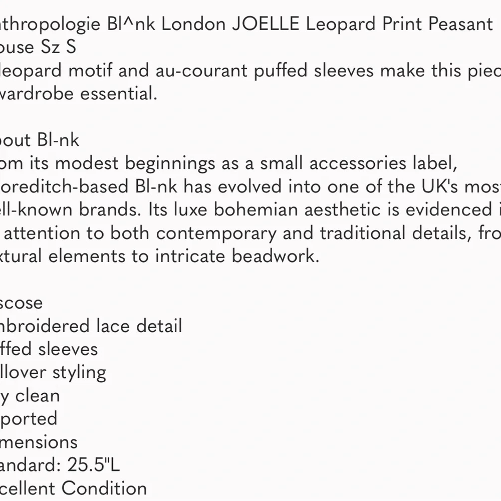 Anthropologie Bl^nk London JOELLE Leopard Print Peasant Blouse Sz S - Picture 2 of 7